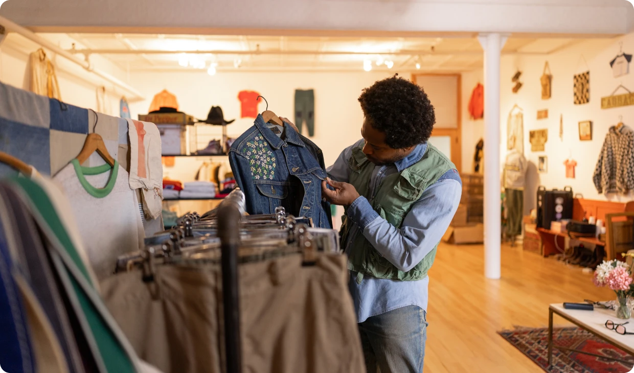 Person examining denim jacket in clothing store.